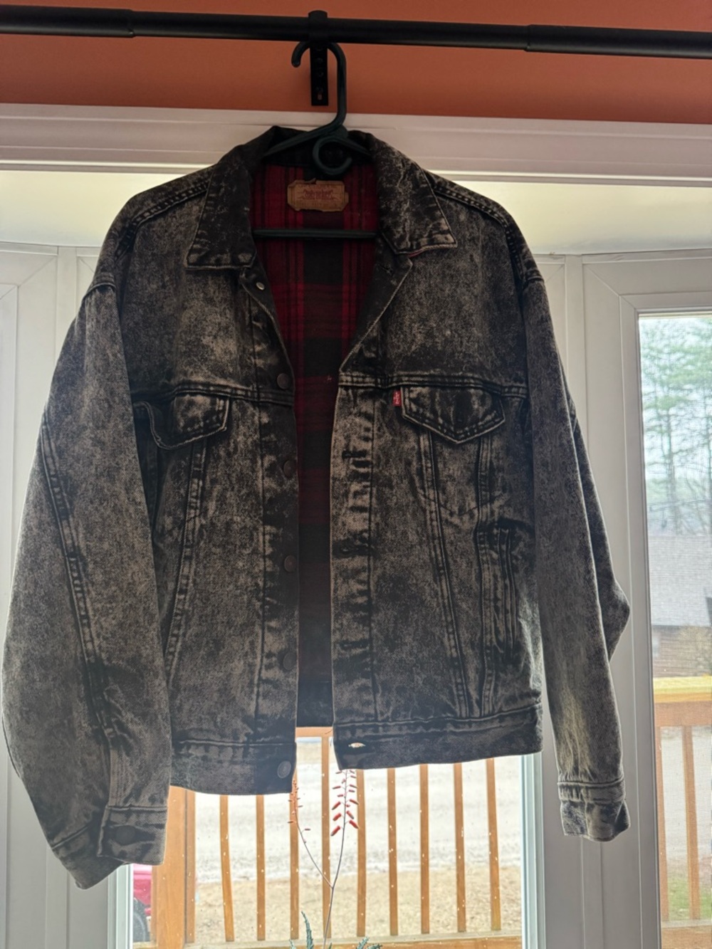 Levi's Black Acid-Wash Denim Jacket with Red Plaid Lining